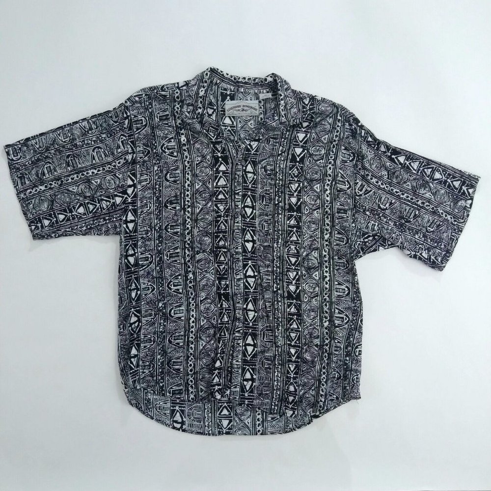 VTG Legendary Bonhomme Men's Tribal Abstract Camp Shirt Size M Button Up Black